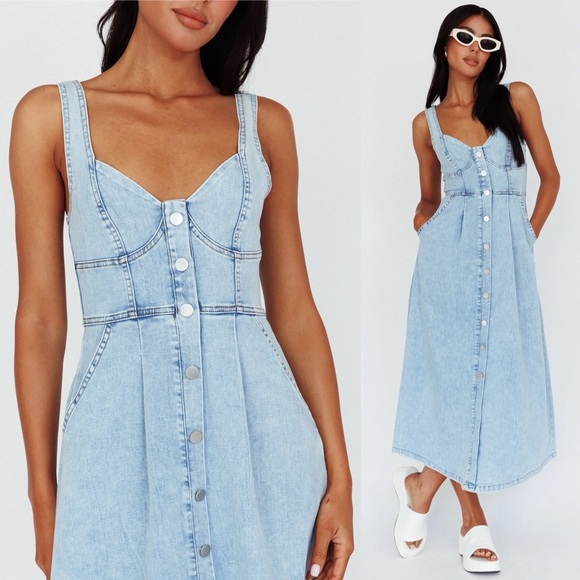 Selfie Leslie Indikah Pixie Dust Button Front Denim Blue Midi Dress - Picture 3 of 10